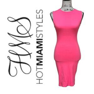 💗 HOT MIAMI STYLES Neon Pink Sleeveless Bodycon Perfect Fit Dress SIZE XS
